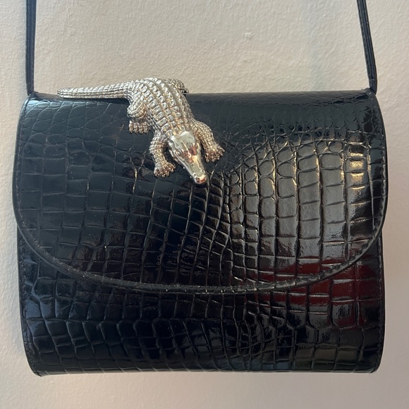 Handbags - RARE FIND Vintage Elegant Black Crocodile-Embossed Bag with Silver Accent